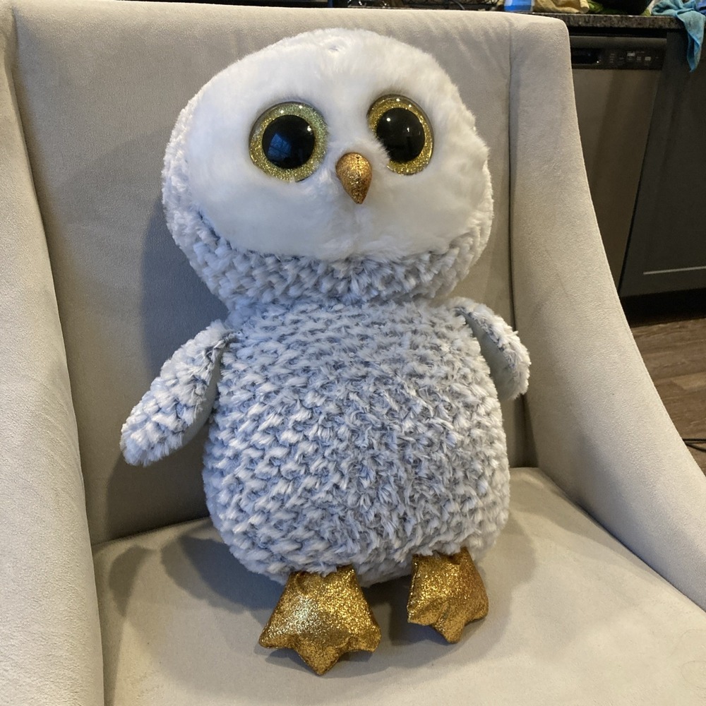 Ty Beanie Boo Owlette Plush – Large 16" Owl – VelveTy Gold Glitter Eyes & Feet